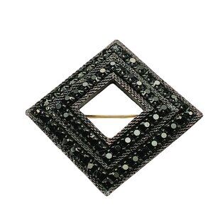 Vintage French Jet Japanned Mourning Brooch Square or Diamond Shaped Black Cryst